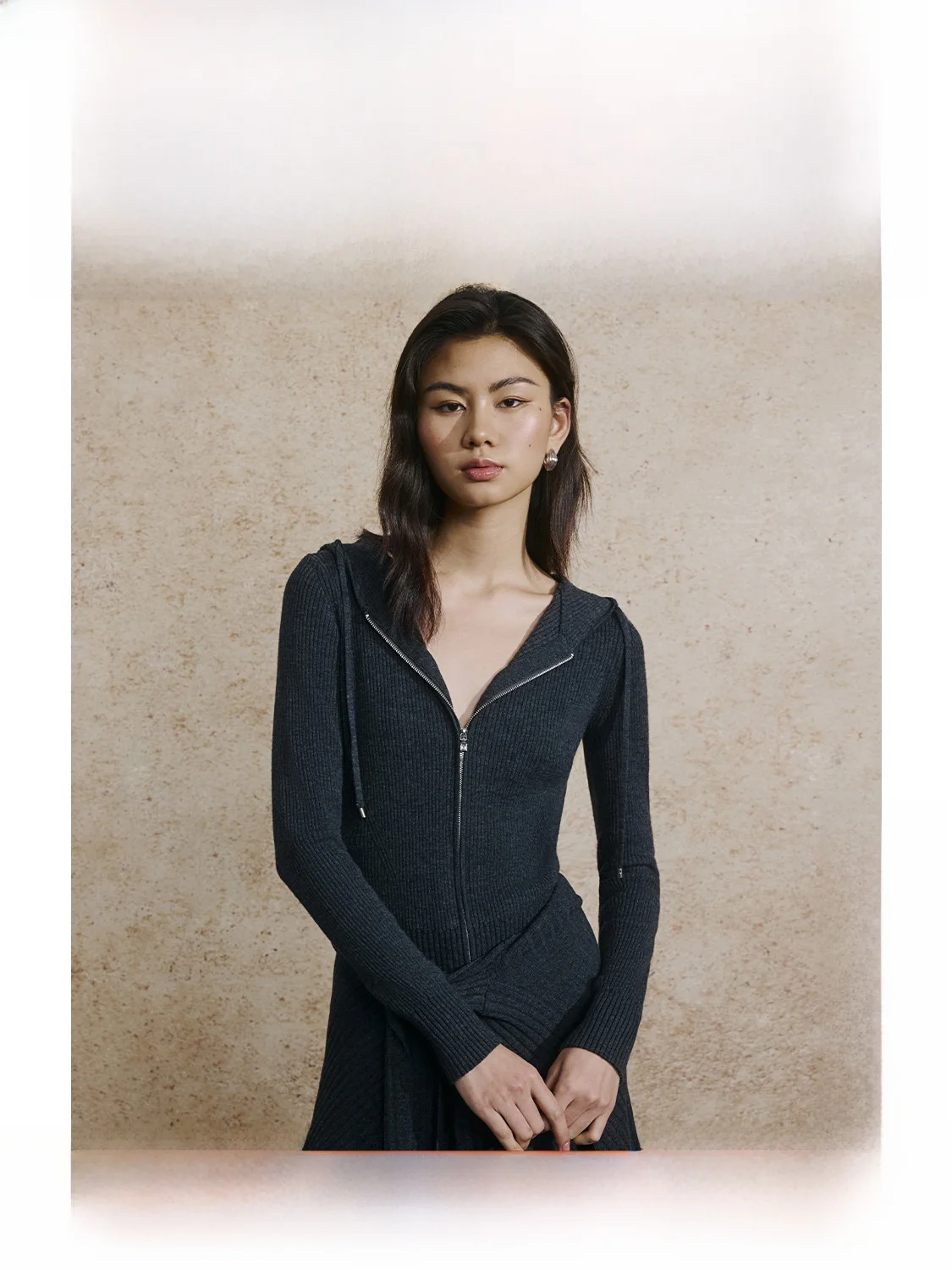 

ay Knitted Zipper Hooded Open Cardigan Slim Fit Casual Sle Wool Blend Soft Fabric V-Ne Long Sve Women's Autumn Top