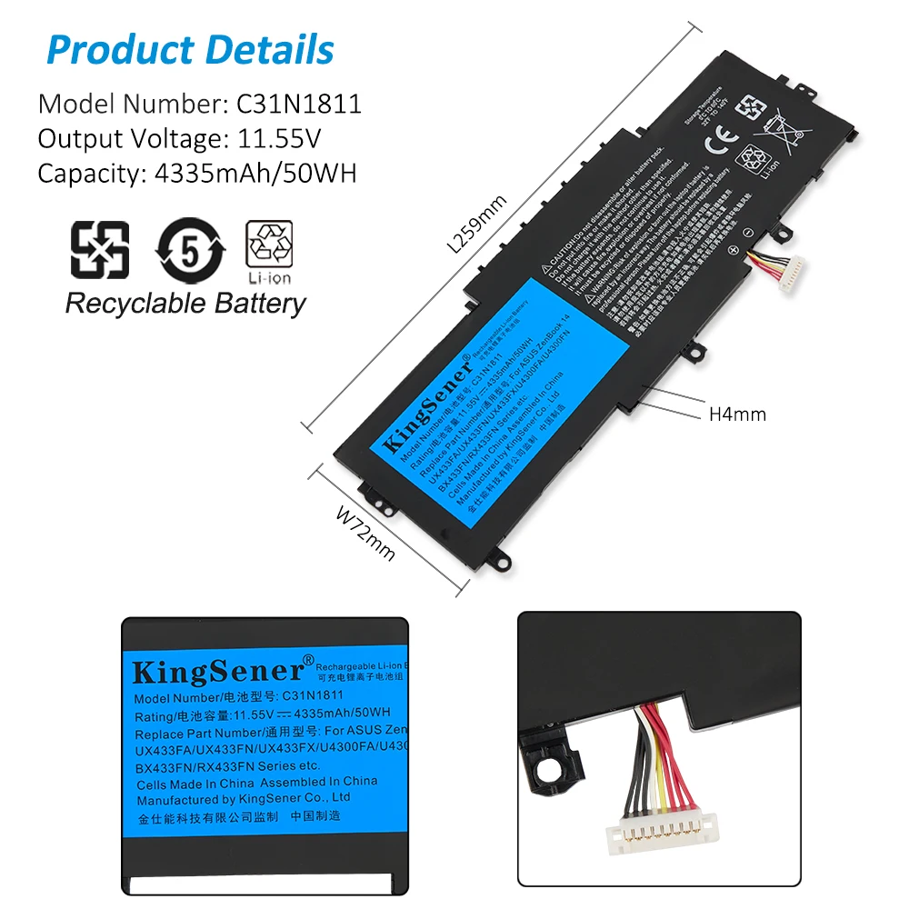 KingSener C31N1811 batería del ordenador portátil para ASUS BX433FN UX433FN-2S para ZenBook 14 UX433F UX433FA-A5046R 0B200- 03080000   4335mAh 50WH