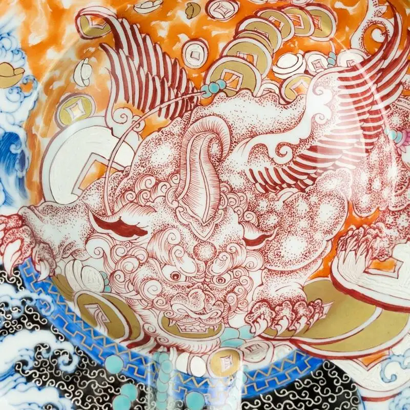 Sacred Mountain Blue And White Alum Red Hand-Painted Underglaze Pixiu Treasure Offering Cigar Jar Jingdezhen Handmade Ceramic
