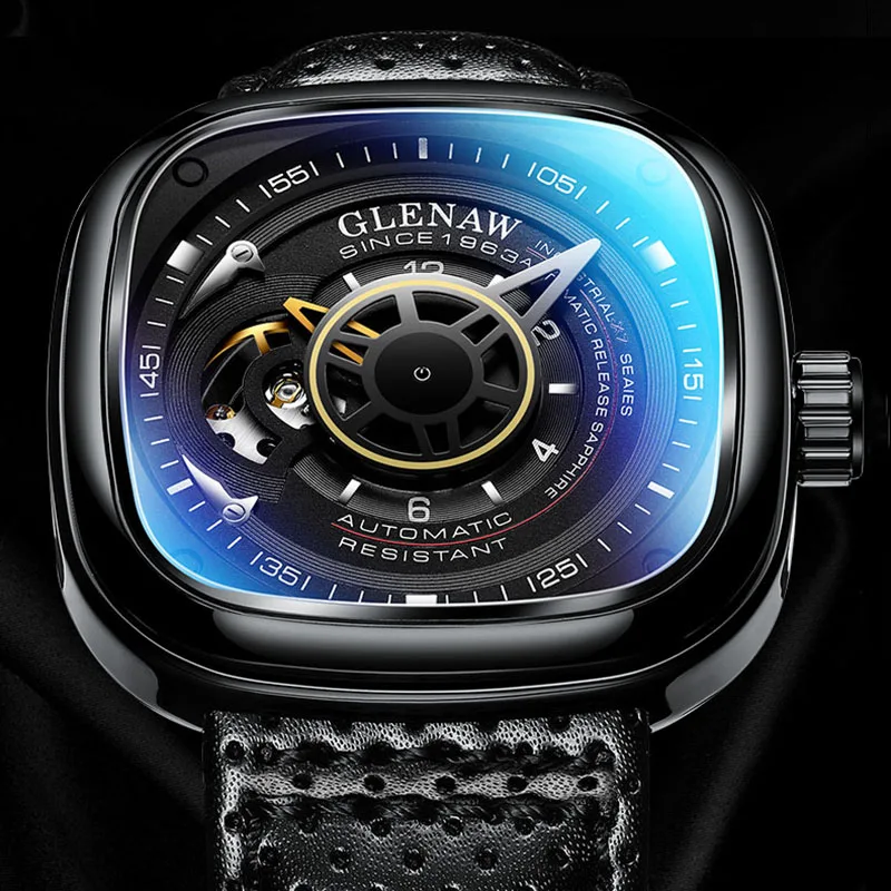 GLENAW Top Brand Luxury Automatic Mechanical Watch Men Breathable Leather Skeleton Luminous Business Mens Watches Reloj Hombre