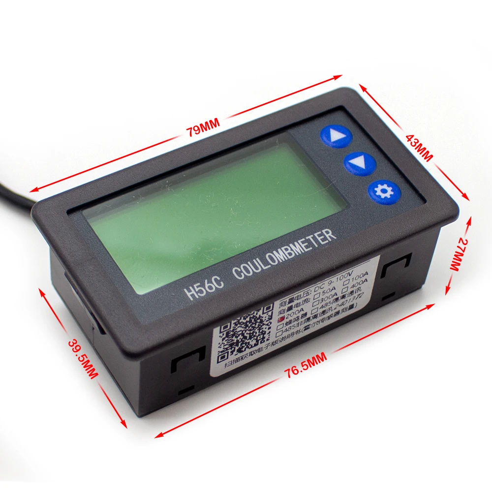 H56C Battery Monitor Hall Coulomb Meter DC 9-100V 200A Lithium Lead-Acid Battery Capacity Power LCD Display