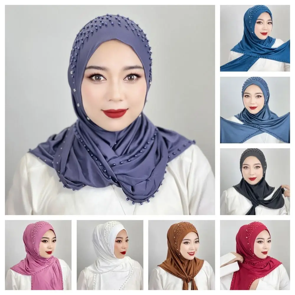 

Simple Beaded Muslim Hijab Full Cover Elastic Arabic Hijab Hats Head Wraps Veil Women's Pray Hat Woman
