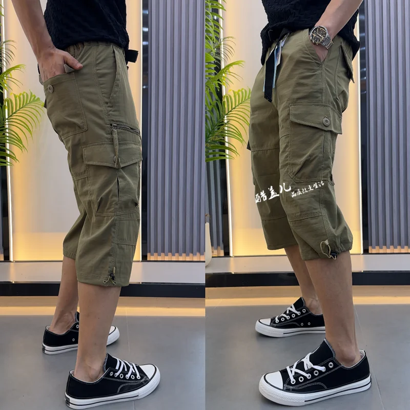 Men's Summer Lightweight Breathable Cargo Pants Multi-Pocket Seven-Foot Casual Workwear Polyester Fiber Straight Leg Trousers