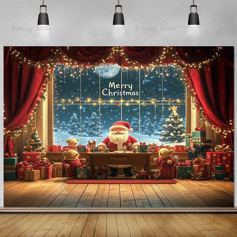 Merry Christmas Backdrop Santa Fireplace Winter Snow Photography Background 2024 Xmas Party Supplies Baby Shower Studio Props