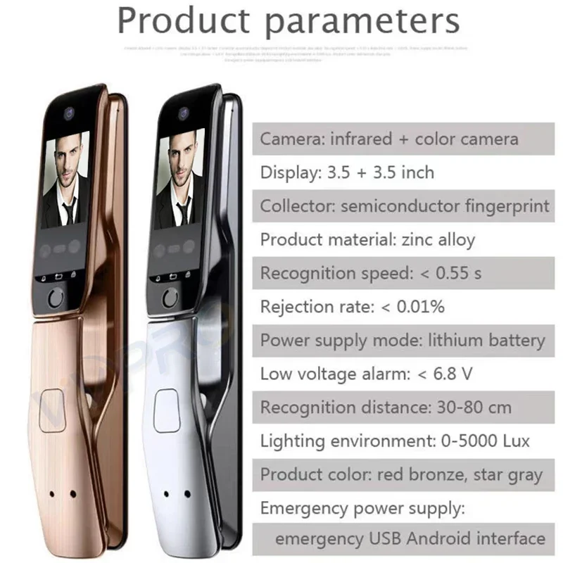 Smart face Serratura per impronte digitali Monitor di sicurezza per viso e fotocamera Serratura intelligente Serratura elettronica biometrica con sblocco APP