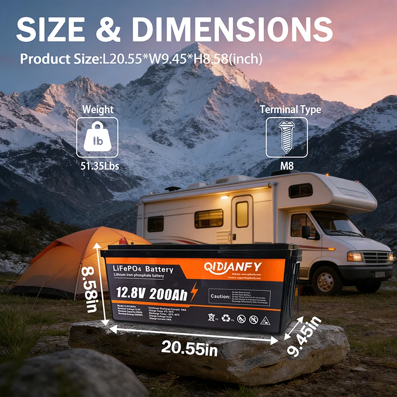 Qidianfy 12V 200Ah LiFePO4 Battery with 100A BMS 2560Wh Rechargeable Lithium Battery for RV Solar System Camping Backup Power