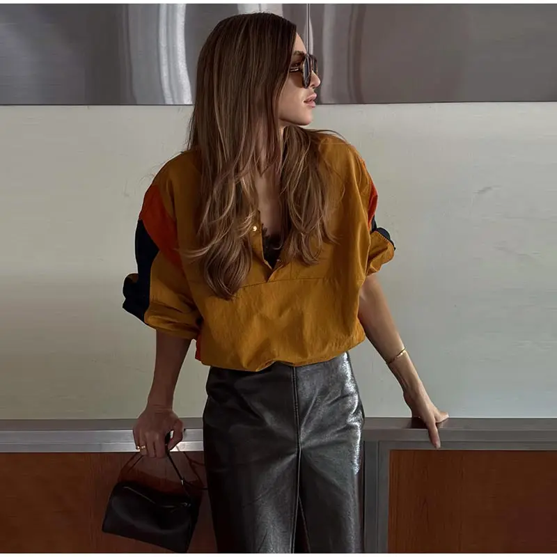 Elegant Contrast Jacket Women Loose Full Sleeve Stand Collar Button Jackets Female 2026 Fashion Autumn Outwear Lady