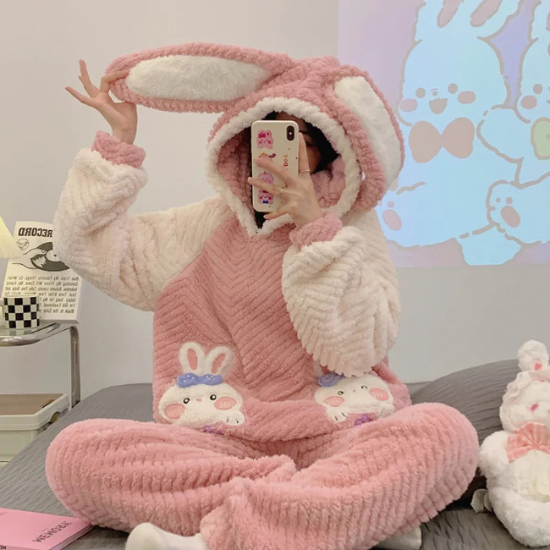 2024 New Plush Set for Women Thickening Hooded Long Sleeve Outfits for Women 2 Piece Set Cute Strawberries Printing Women Clothe