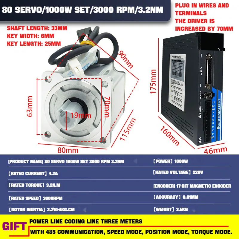 AC Servo Motor Drive Kit 3000rmp 80ST 1000W 5.8A 3.18N.m PS100 Servo Drive AC200-240V 3m Cable Equipped with RS485 and RS232