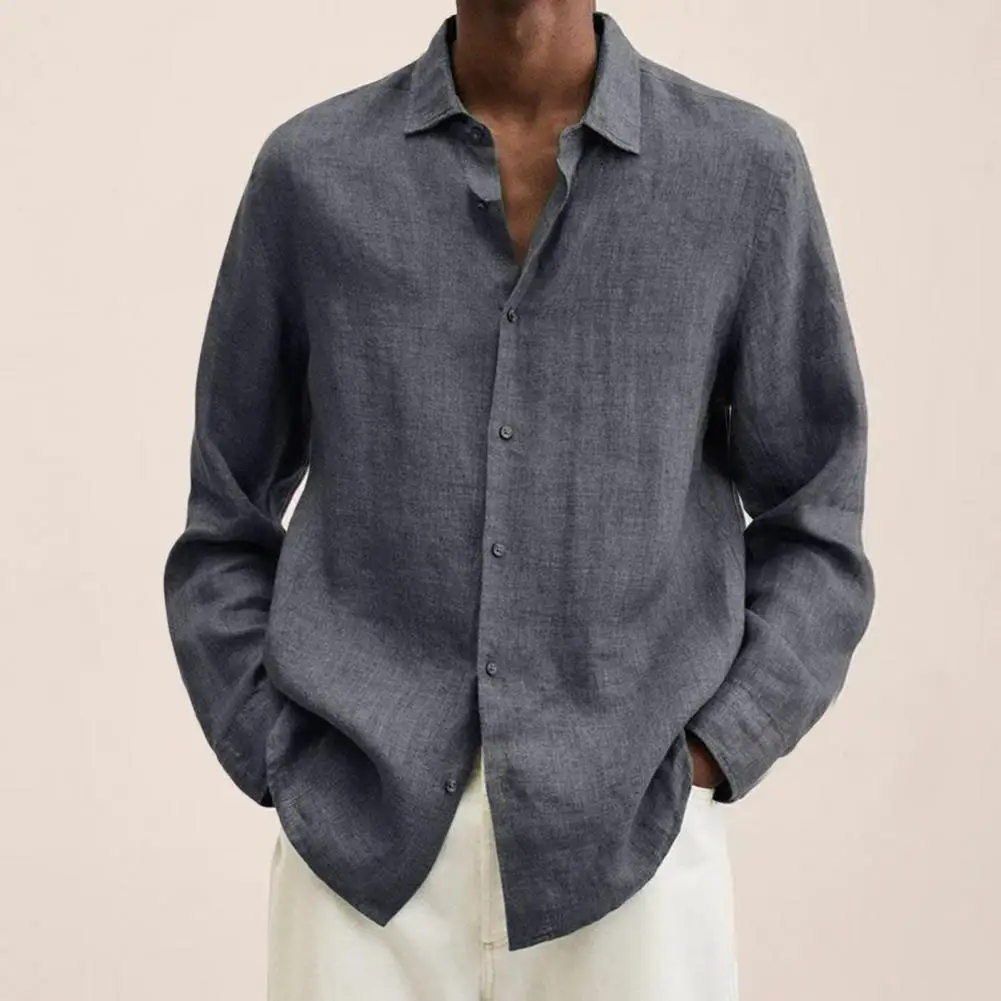 Blusa holgada de algodón y lino para hombre, camisa informal de manga larga con cuello vuelto y botones, colores sólidos, transpirable, primavera y verano, 2022