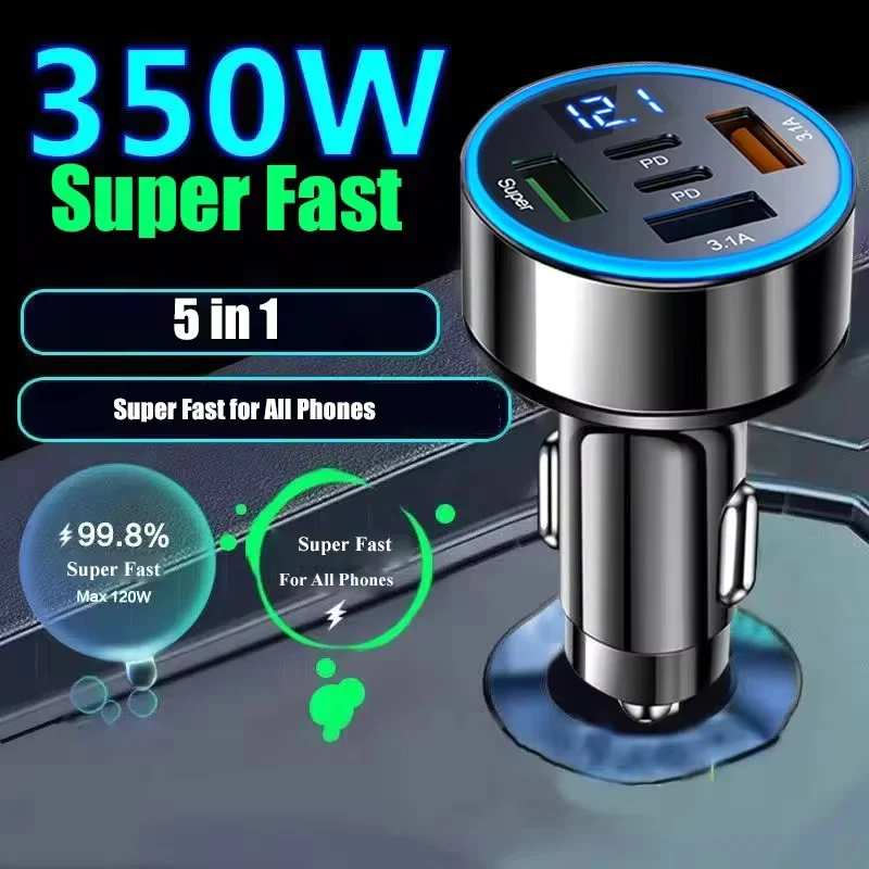 250W 5-in-1 PD QC3.0 Car Charger Fast Charging USB C for IPhone,Samsung Galaxy, IPad Pro, Multi-Port Cigarette Lighter Adapter