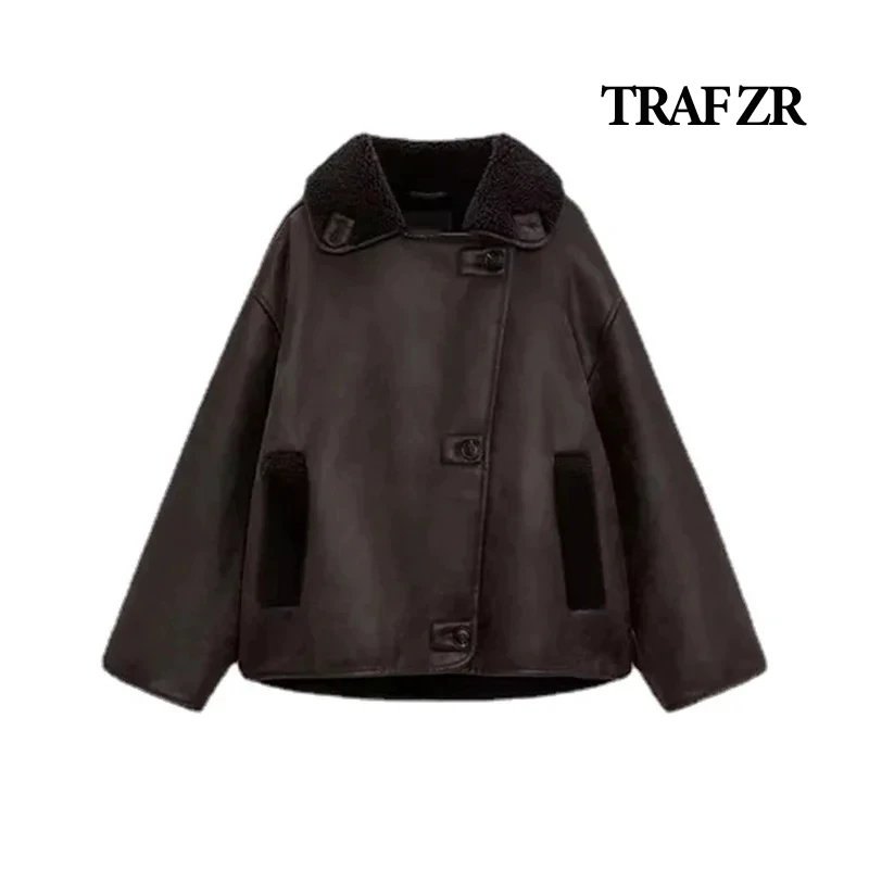 TRAF ZR Winter Coat for Women Thick Faux Leather Fur Sheepskin Coat Women Lapel Zipper Pu Jacket Lady Warm Motorcycle Jackets