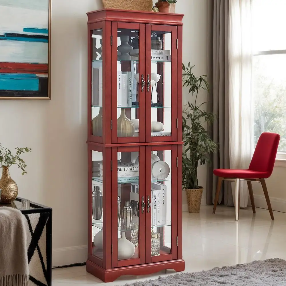 

Витрина Curio Cabinet 71 в винтажном стиле со стеклянными дверцами, 6 регулируемыми полками, 4 дверцами из закаленного стекла, лампочка в комплекте, винный шкаф-бар для посуды