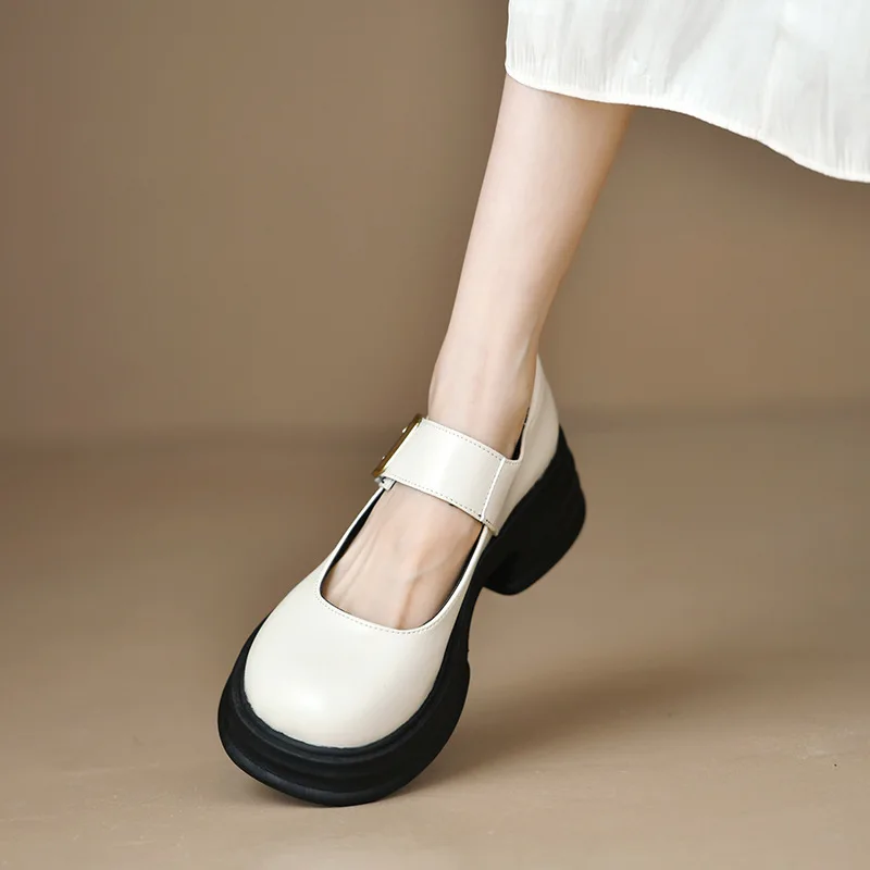 Buckle Small Leather Shoes Women's Shoes  New Spring Thick Soled Thick Heel Mary Jane Single Shoes Spring French Lefu Shoes
