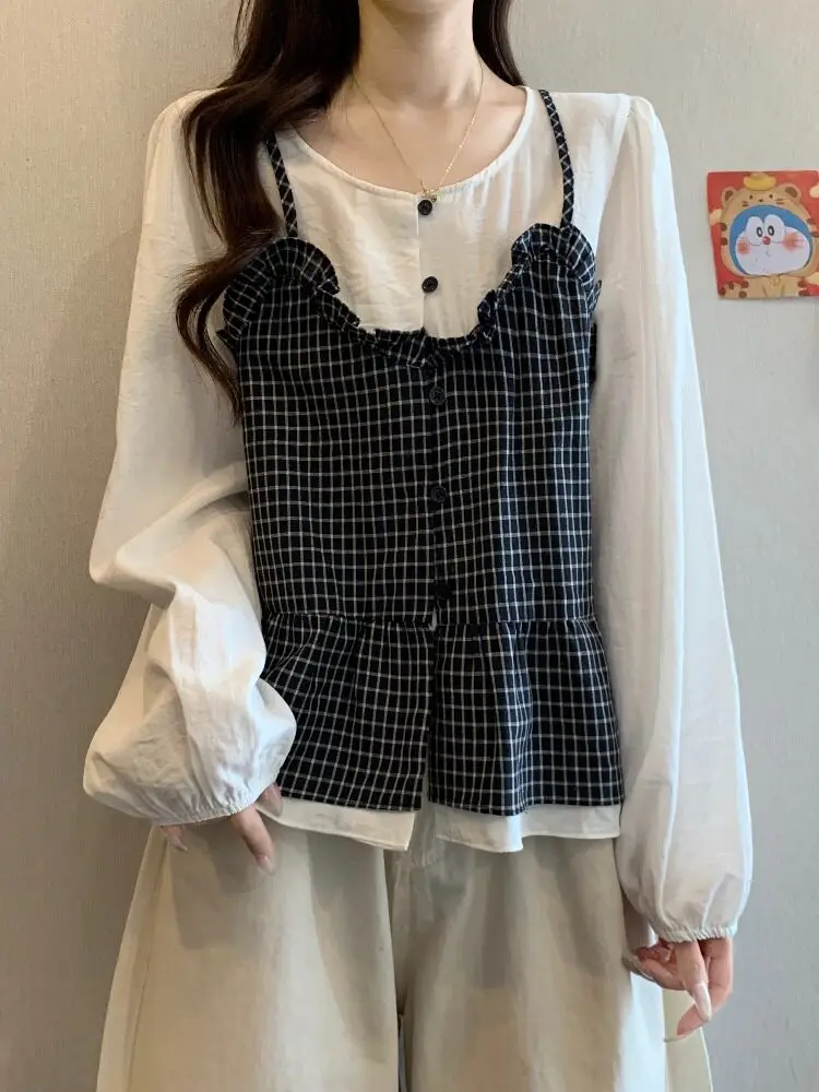 

Faionable Plaid Splicing irt Women's plus Size Spring Early Season Light Luxury Anti-Aging Top Ele High-End Feeling