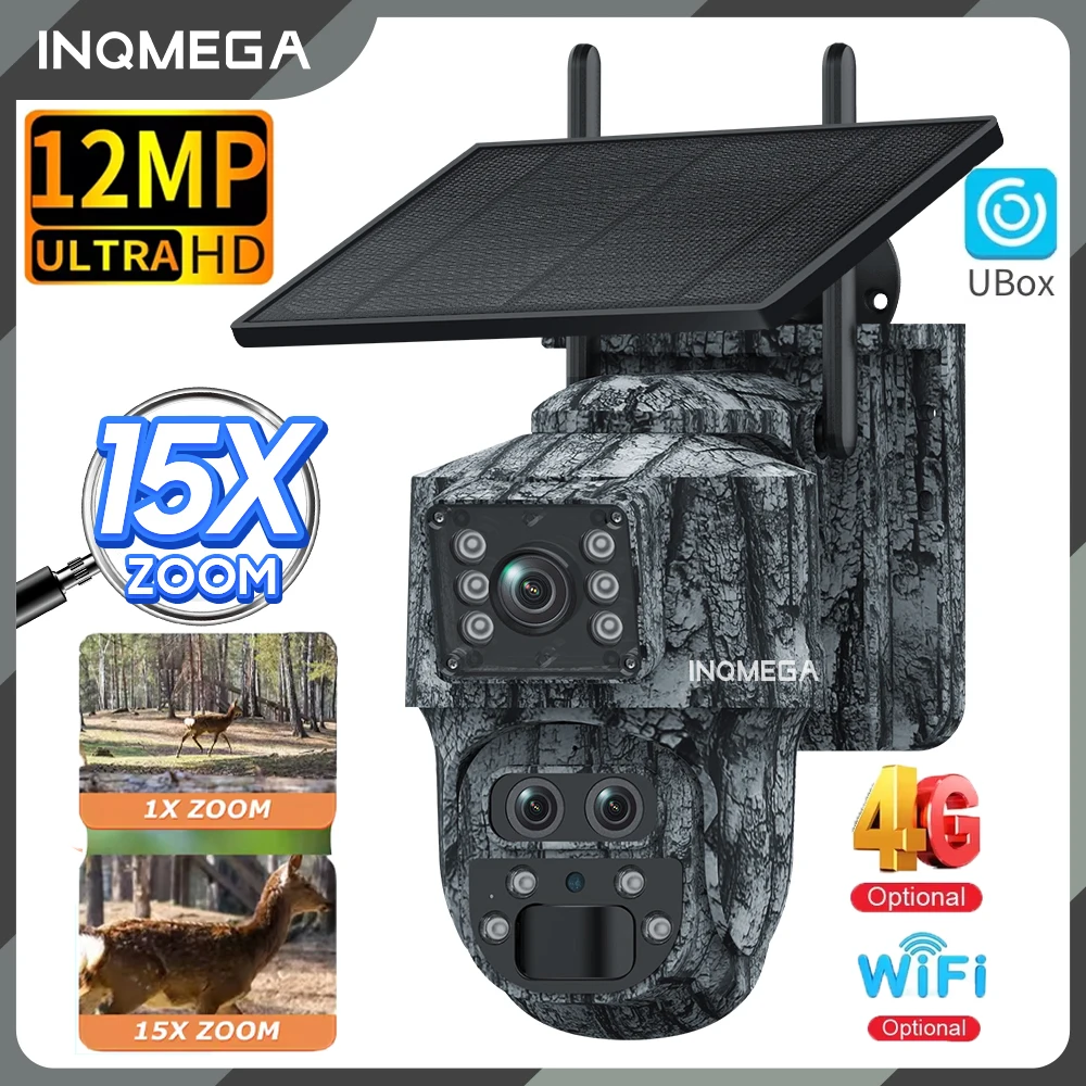 INQMEGA 15X Zoom Dual-Screen 4G LTE Cellular Trail Cameras Solar Outdoor Wifi Surveillance Camera Color Night Motion Activated