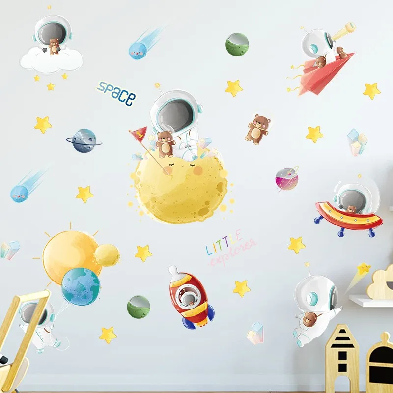 Cartoon Astronaut Planet Star Wall Sticker For Kids Room Home Decoration Space Theme Mural Art Educational Decal Boys Poster