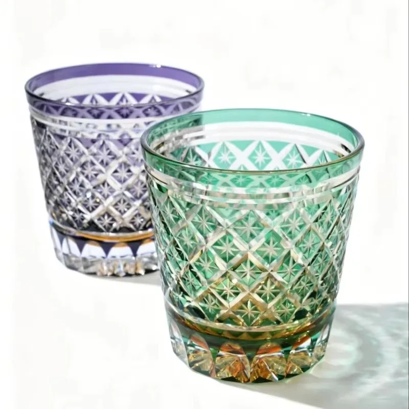 Hand Cut Old Fashioned Glasses Set of 2 Purple Green Edo