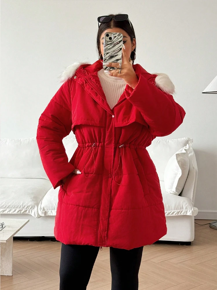 Casaco de inverno feminino tamanho grande vermelho fino cintura bolsos zip com capuz puffer casacos coreano popular roupas femininas jaquetas plus size topo