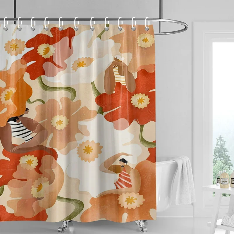 

Занавеска для душа с цветочной вуалью — сине-зеленая леди с цветами, птицами и листьями, декор для ванной комнаты в спа-салоне