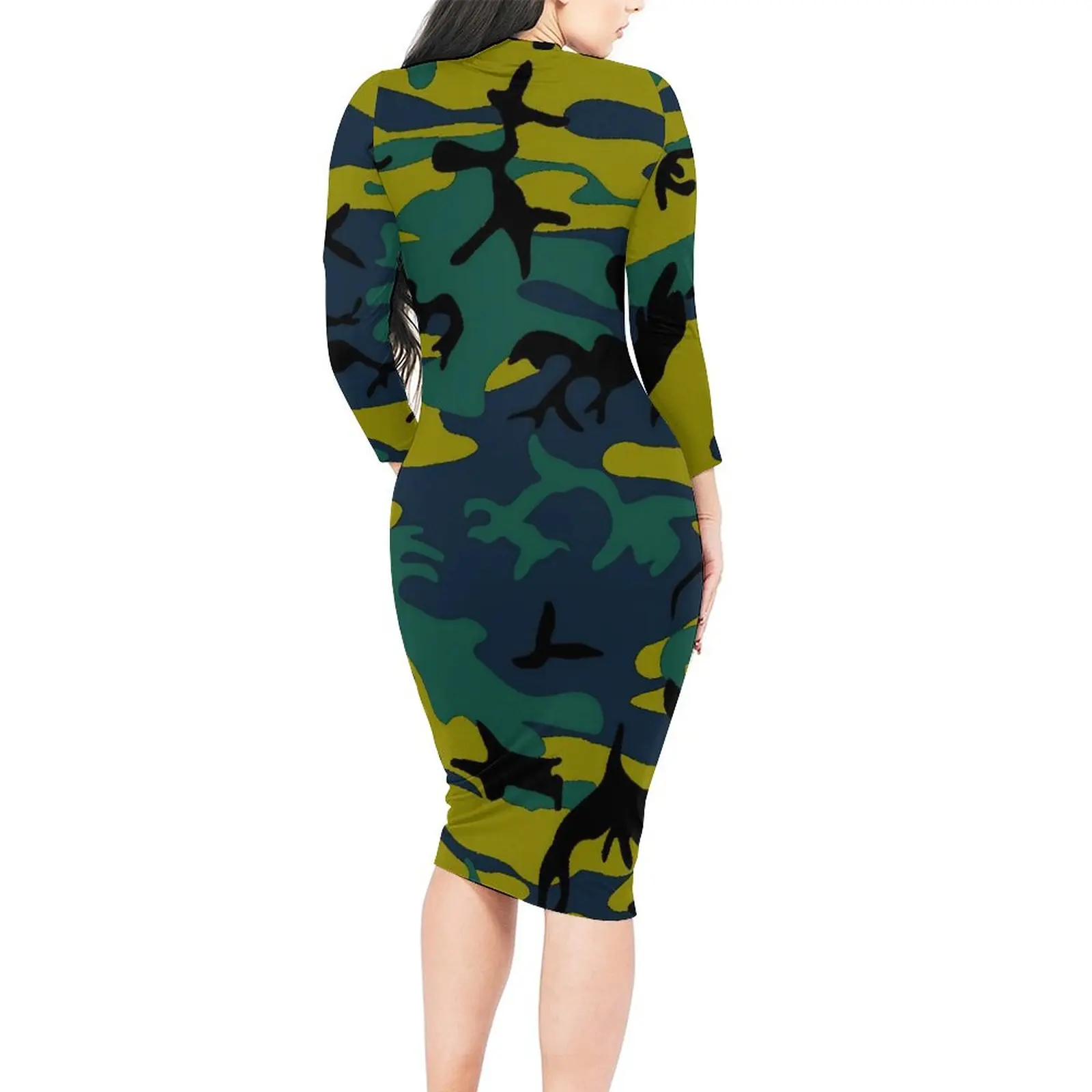 Camo Blue And Yellow Bodycon Dress Autumn Camouflage Elegant Dresses Woman Long Sleeve Pattern Korean Fashion Dress Large Size