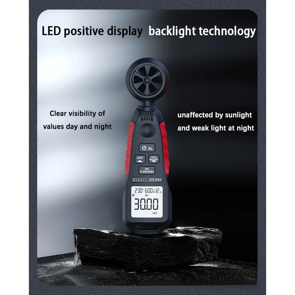 

Цифровой анемометр ZT-FS1 с функцией измерения температуры и влажности, диапазон 0.4-30 м/с, корпус из TPE+ABS, LED-подсветка