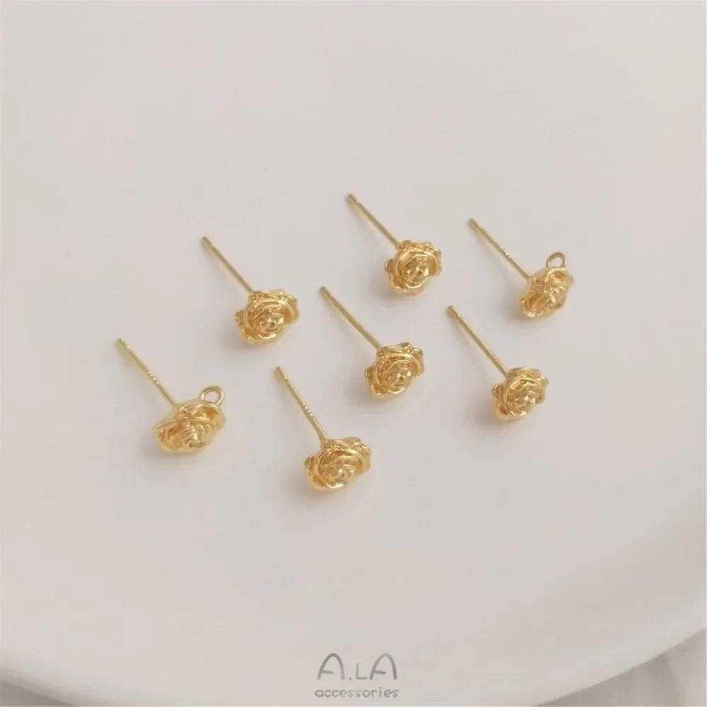 

925 Silver Needle 14K Gold Wrapped Rose with Hanging Ring Small Flower Earrings DIY Handmade Earrings Ear Jewelry Material E248