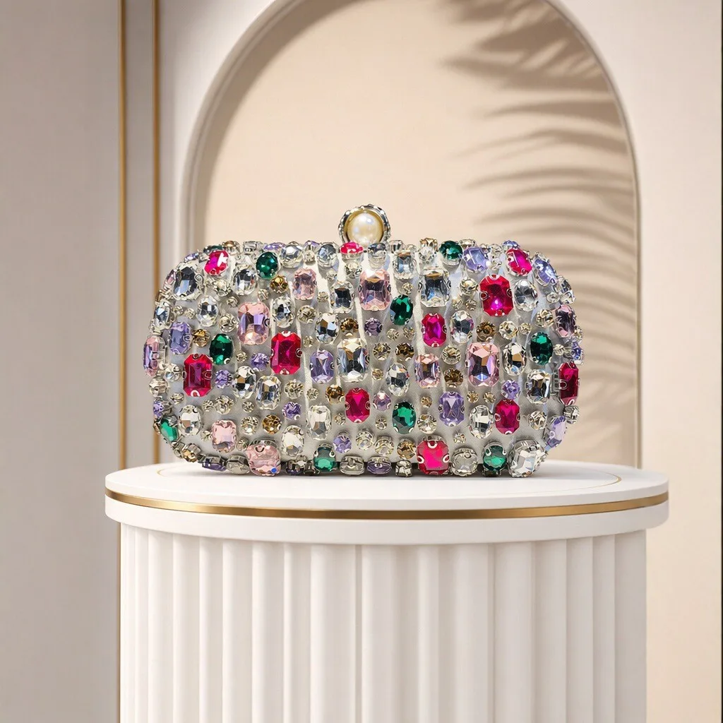 Fashion Diamond DinnerWomen's Pearl Buckle Rhinestone Clutch Chain Messenger  Dress Bag