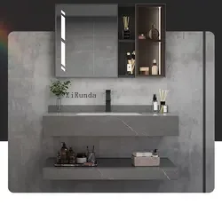 Armário de banheiro moderno de pedra de sinterização e combinação de armário de lavatório de armazenamento lateral de espelho inteligente