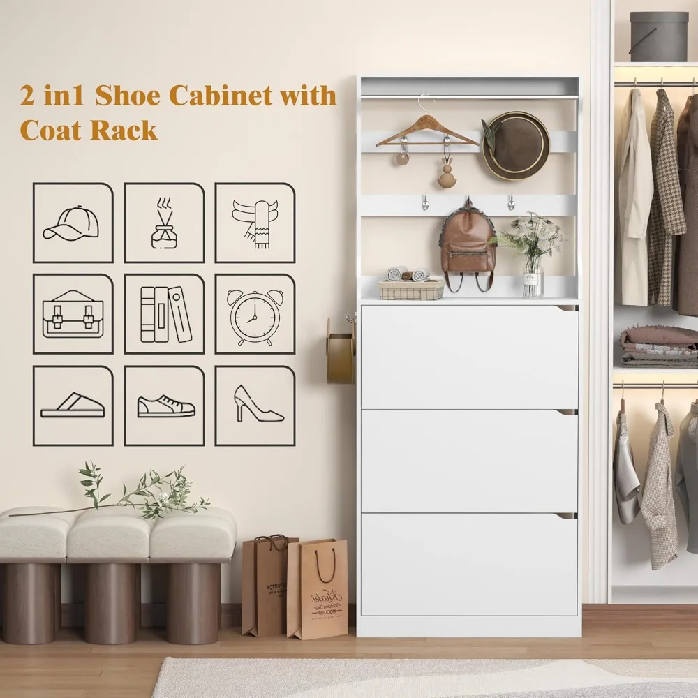 Отдельно стоящий высокий шкаф для обуви с вешалкой для одежды, скрытым хранилищем, дверцами и ящиками, подвесной барной стойкой, крючками, тонким узким дизайном для места