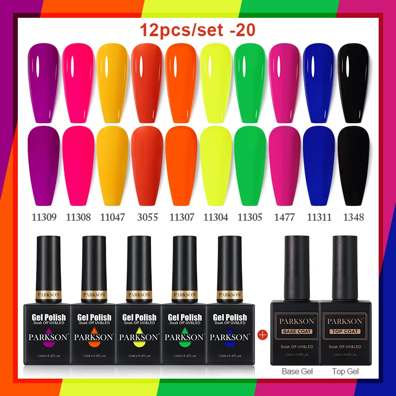 Parkson 12pcs 컬러 젤 폴란드어 세트 UV 글리터 바니시 세미 퍼머넌트 하이브리드 아트 투명 매니큐어