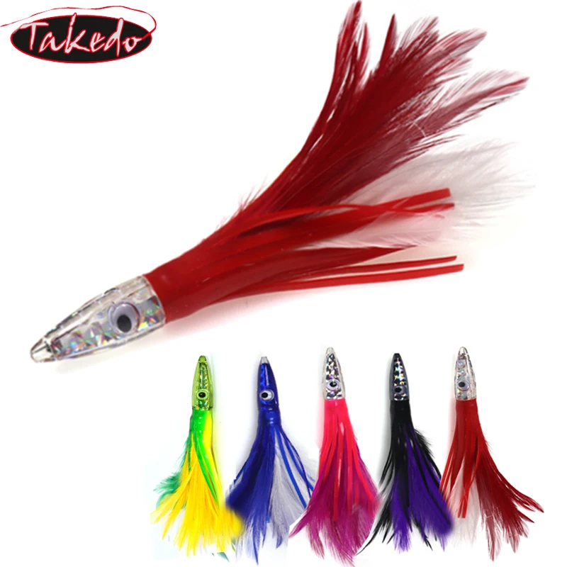 TAKEDO 32G 14CM Big Game Octopus Fishing Bait Resin Fish Head Feather Skirt Trolling Squid Jig Lures Artificial Bait For Tuna