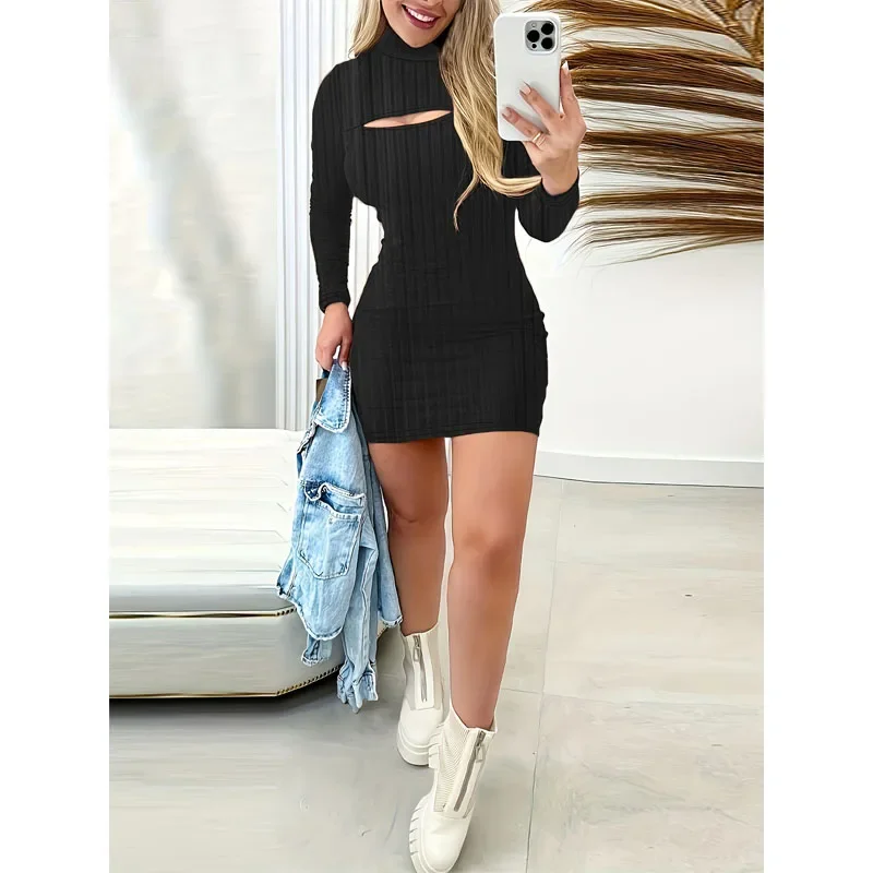 

Women's Clothing Oversize Casual Autumn and Winter New Fashion Hollow Out Half High Neck Long Sleeve Versatile Commuter Dress