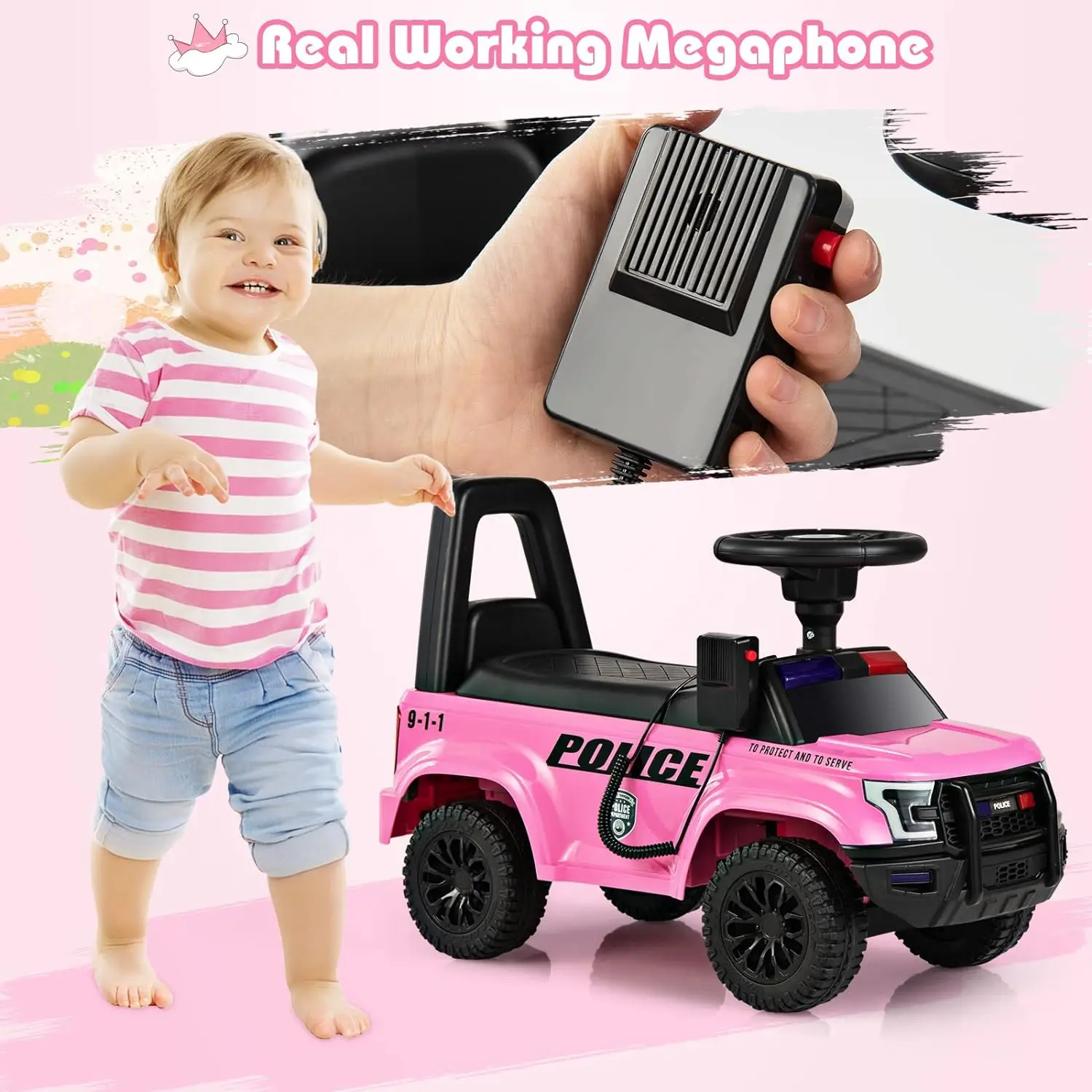 Headlights Toddler Foot-to-Floor Sliding Toy with Siren Under Seat Storage Ride On Push Police Car