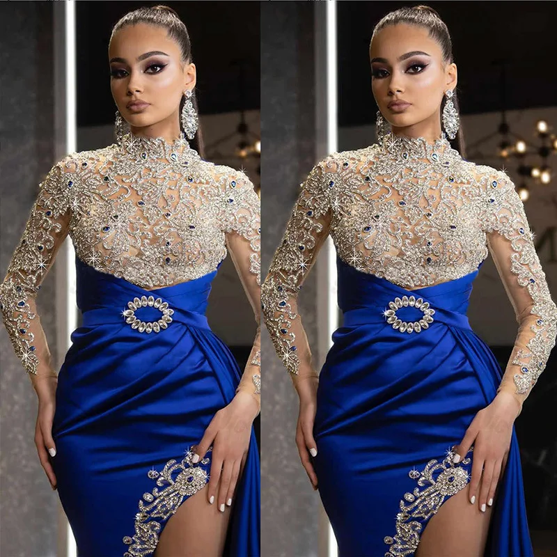 Spring and Summer New European and American Women's Clothing Blue Gold round Neck Dress Patchwork Evening Long Dress