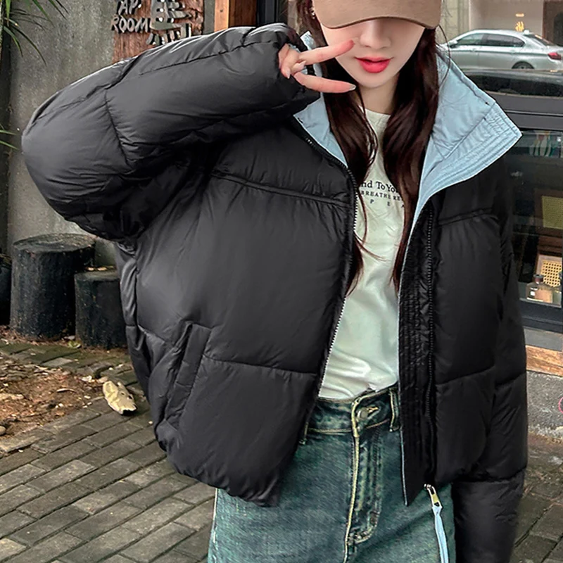 

Zipper Up Short Cotton Jacket Women Puffy Stand Up Collar Cotton Padded Jackets Woman Mix Color Long Sleeve Warm Parkas Mujer