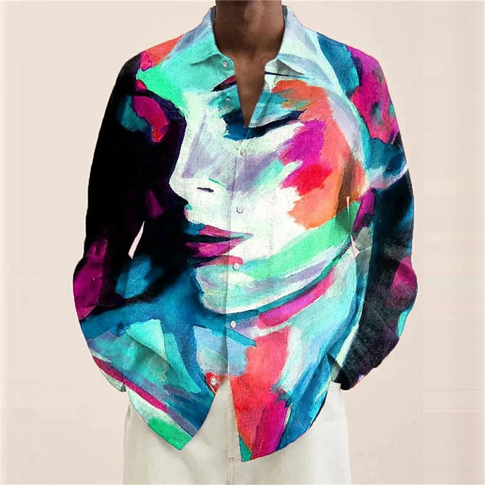 Men\'s fashion shirt lapel casual graffiti ink painting 3D printing slim outdoor retro high quality material top large size