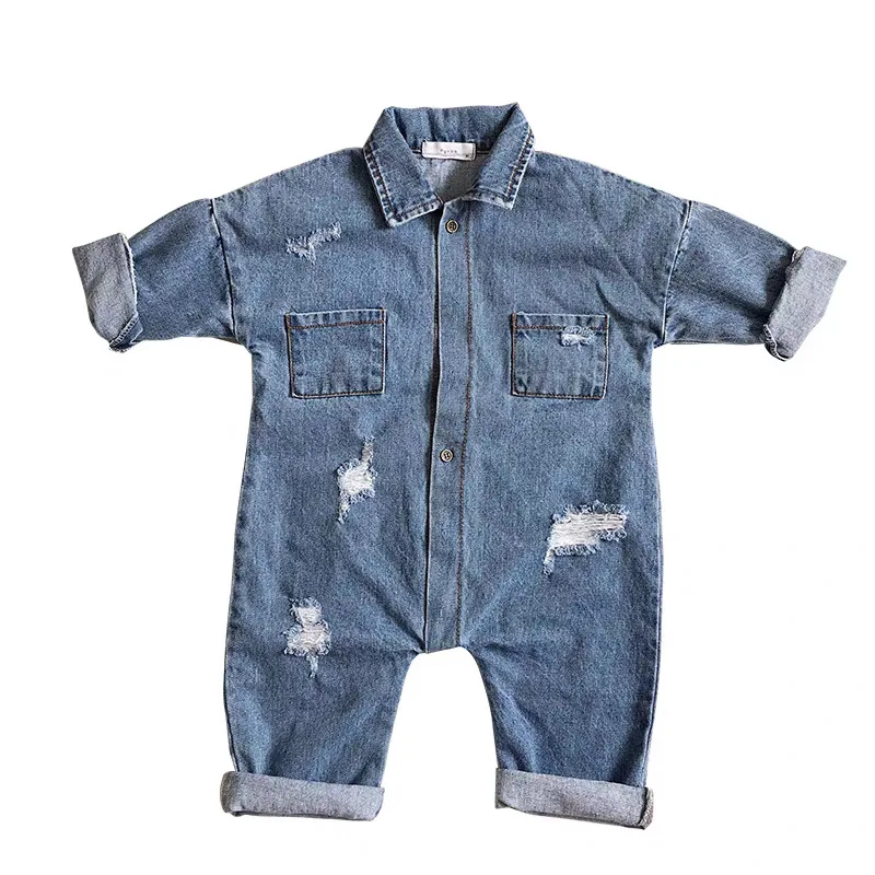 2025 Autunno Nuovo Bambino Manica Lunga Denim Pagliaccetto Infantile Della Ragazza del Ragazzo di Modo Jeans Strappati Bambino Casual Tuta Vestiti Appena Nati 0-24M