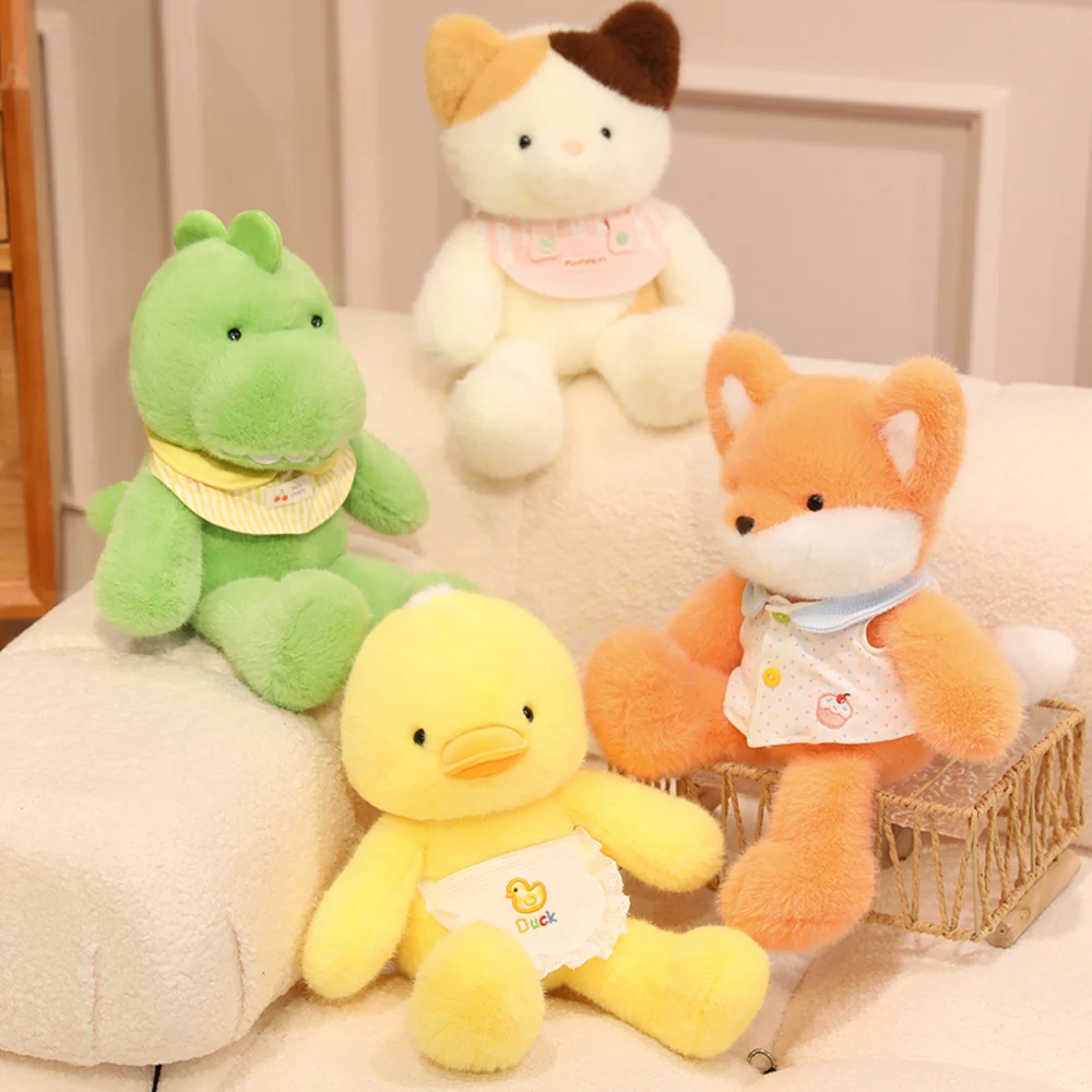 

15 Inch Cute Dinosaur Plush Toy In Bib Fluffy Orange Fox Stuffed Animal Fun Cat Soft Dolls Kawaii Yellow Duck Plushie With Apron