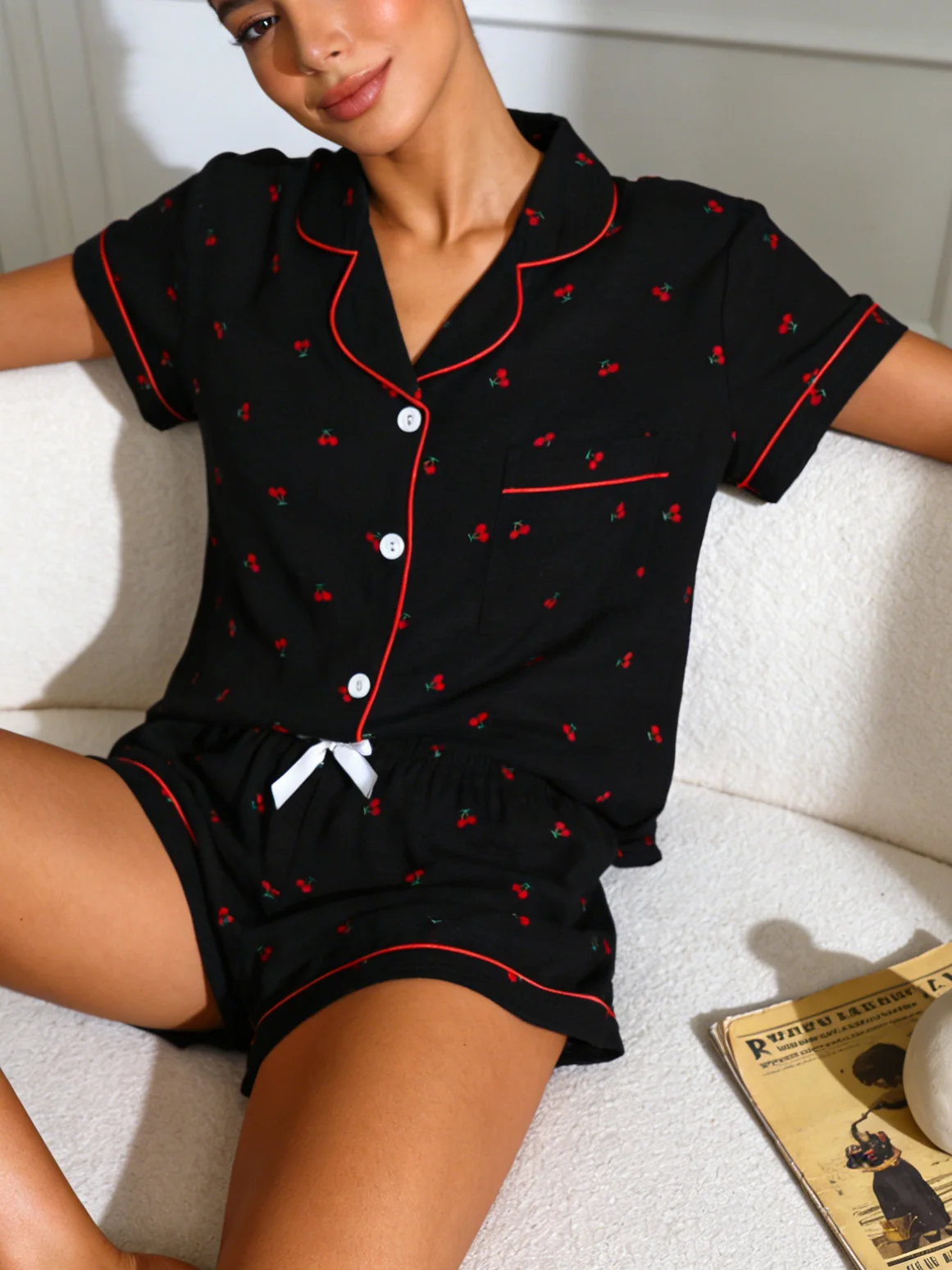Women Pajamas Cardigan Lapel Short Sleeve Shorts Two Piece Set Loungewear Spring Summer Cute Cherry Print Black Background Loose