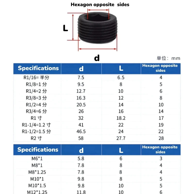 M6~M30 PT1/8~PT1/16 Grade 4.8 Carbon Steel Metric/Imperial Hex End Plug Hydraulic Oil Plug Hex Socket End Cap Plug