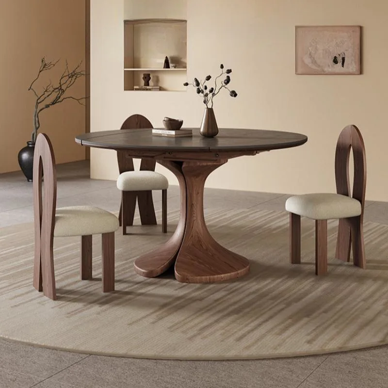 

Customizable retractable rock slab round dining table LED luxury simple household table