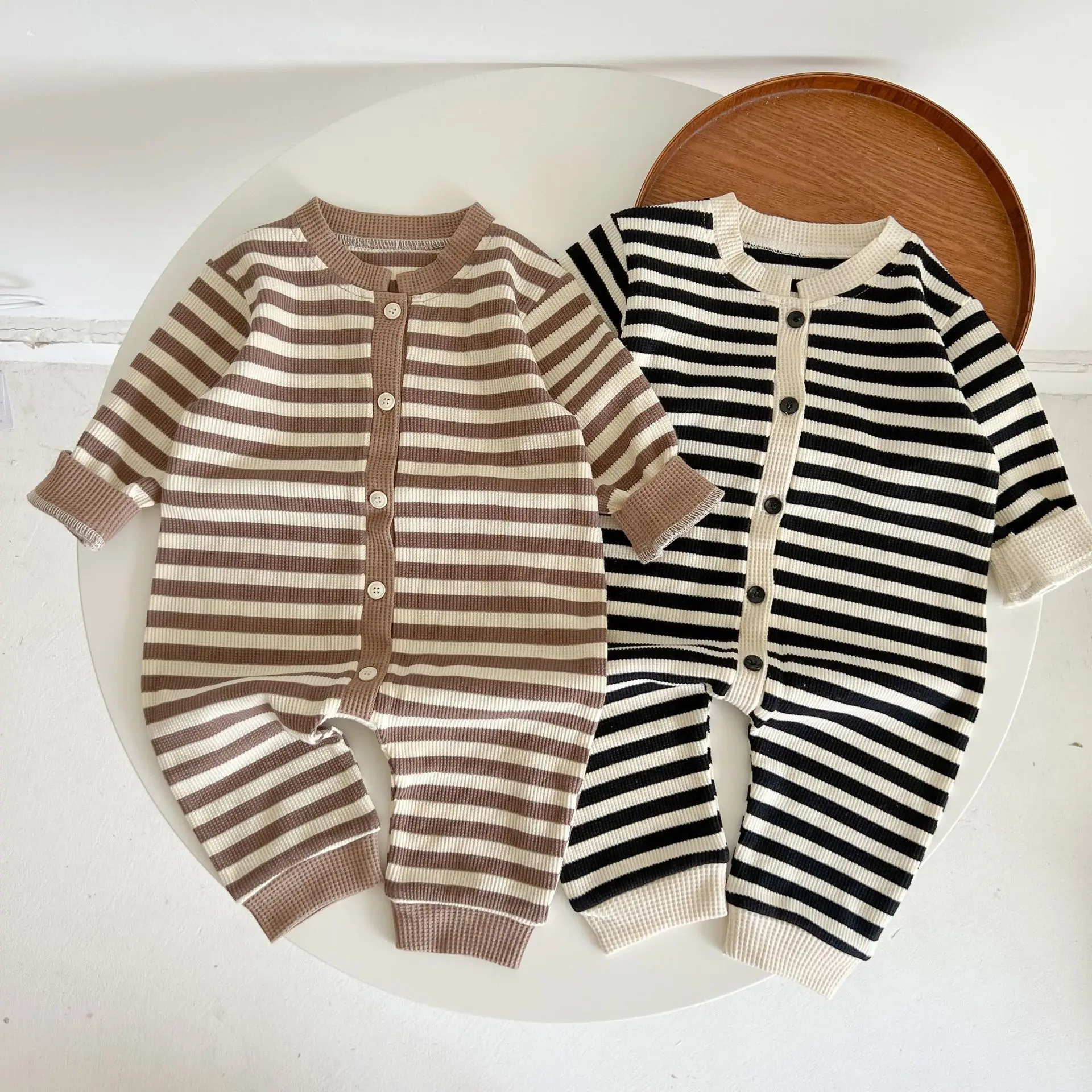 

Spring Baby Korean Color-blocking Striped Romper Pure Cotton Button-up Suit Newborn One-piece Suit Climbing Suit