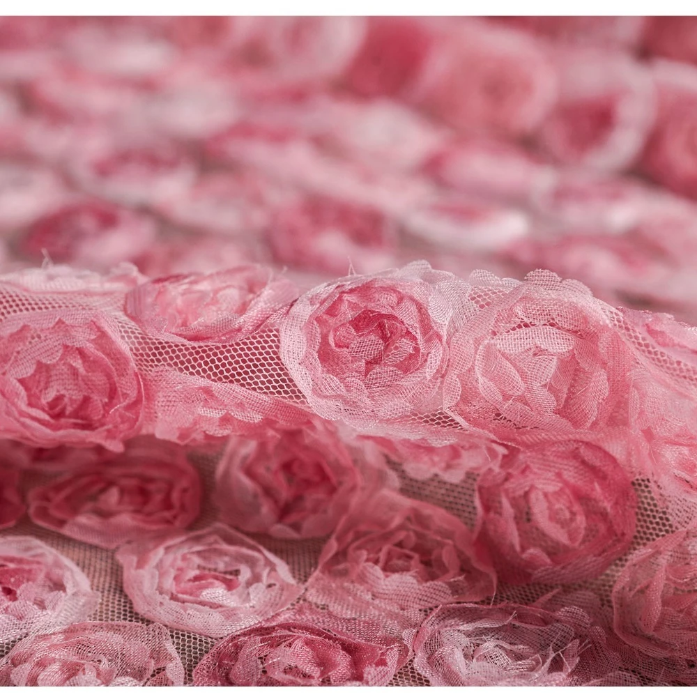 Pink Rose 3D Floral Tulle Fabric, Creative for Wedding Gown Skirt Bag DIY Designer