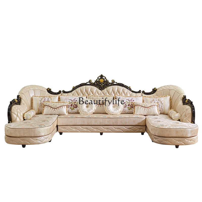 

European U-shaped double concubine leather cloth combination sofa, solid wood carving flower first layer cowhide