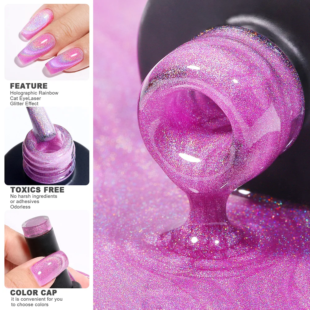 YOKEFELLOW 2023New Cat Eyes Magnetic Gel Nail Polish Holographic Rainbow RC03 Mixed by Purple Clear Semi permanent Gel Varnish