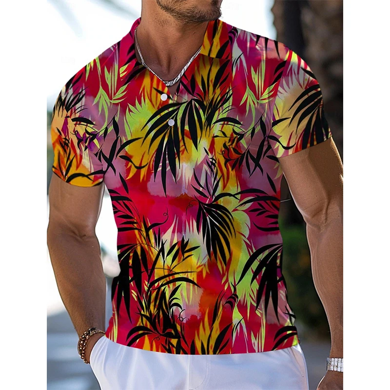 3D Print Tropical Plants Graphic Polo Shirts Men's Short Sleeve Casual Golf Polo Shirt Plus Size Vacation Turndown Lapel Shirts