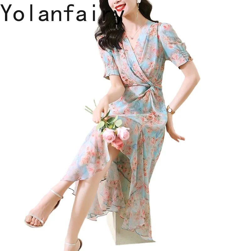 YOLANFAIRY 100% فساتين حرير التوت الحقيقي الصيف امرأة أنيقة فستان فاخر جودة عالية فستان طويل الأزهار الملابس النسائية