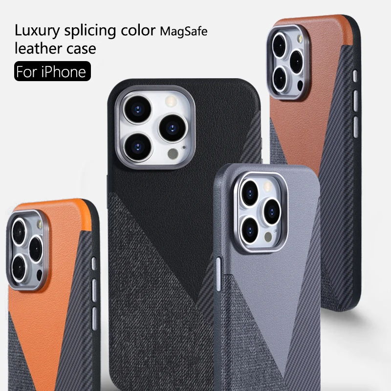 

Luxury Splicing Color MagSafe Leather Case For iPhone 16 13 14 15 Pro Max Plus Metal Lens Wireless Charge Shockproof Back Cover