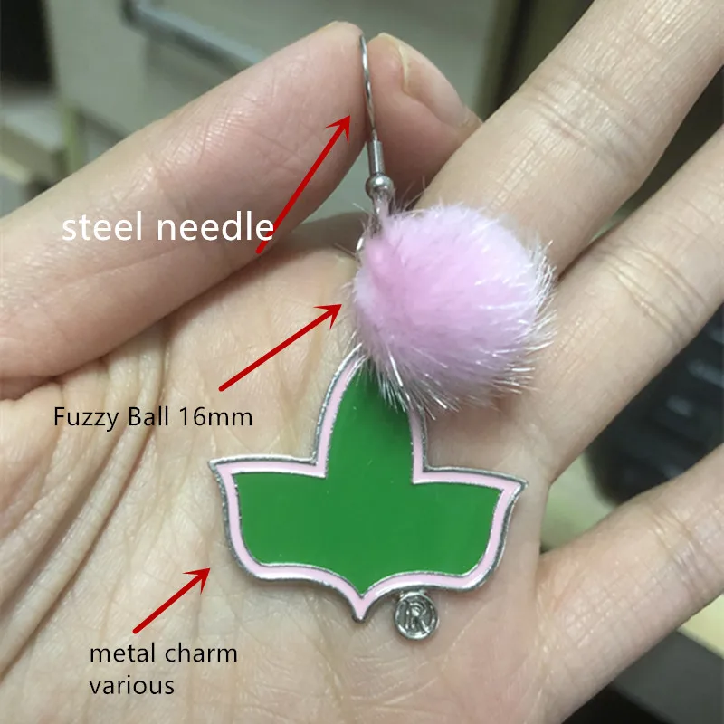 Various DIY Pink Green Fuzzy Ball Ivy Pendant Earring Steel Needle Sorority Greek Winter New Pom Enamel Handmade Jewelry OGE081